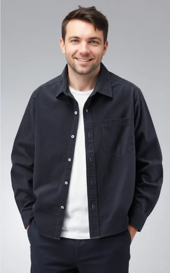 dark-blue-button-front-shirt-model-display.jpg Model wearing dark blue button - front shirt