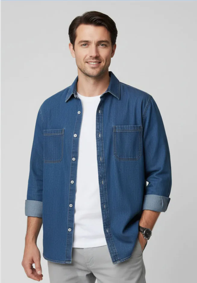 Model wearing blue denim button - front shirt