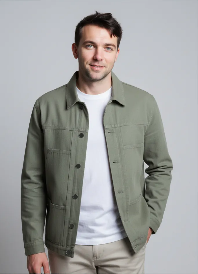 olive-green-button-front-jacket-with-patch-model-display.jpg Model wearing olive green button - front jacket with patch
