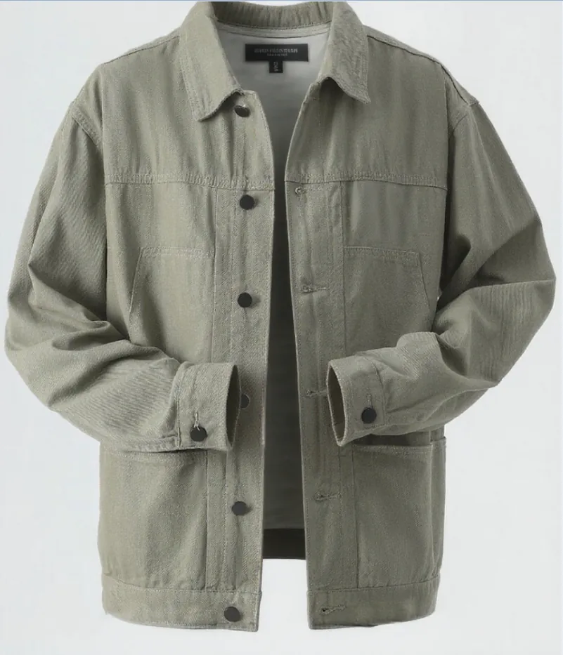 Display of olive green button - front jacket with patch