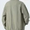 Back display of olive green button - front jacket with patch