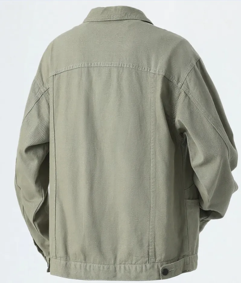 Back display of olive green button - front jacket with patch