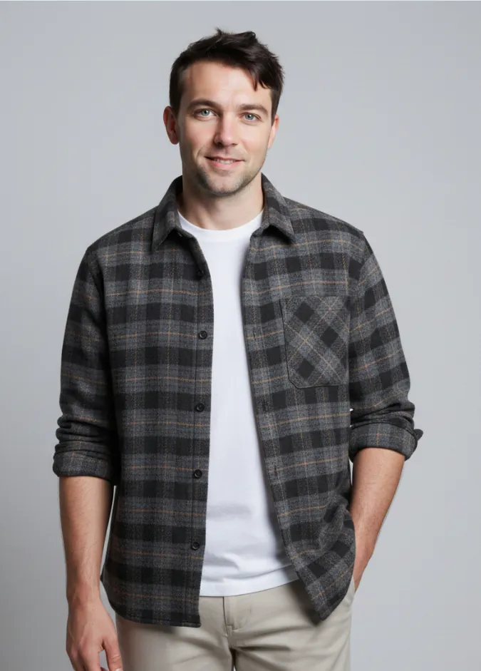 Model wearing black and brown plaid button - front shirt