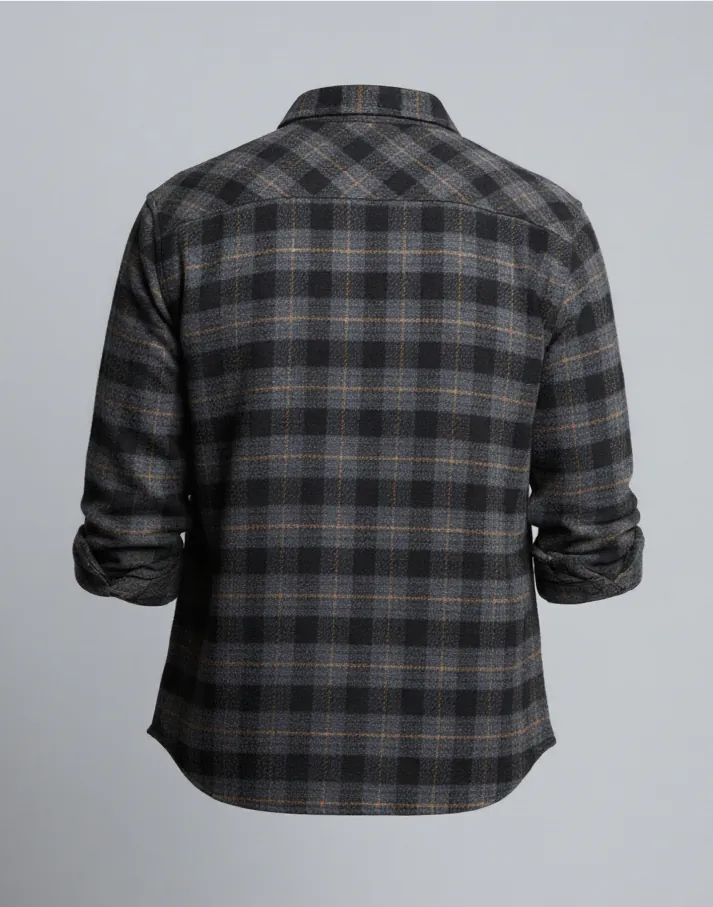Back display of black and brown plaid button - front shirt
