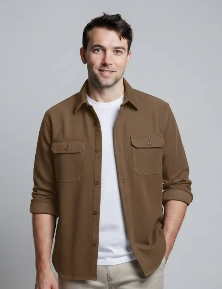 Model wearing khaki button - front shirt