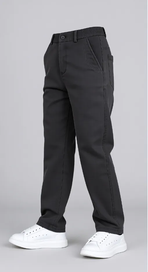 Model wearing black casual trousers (side view)