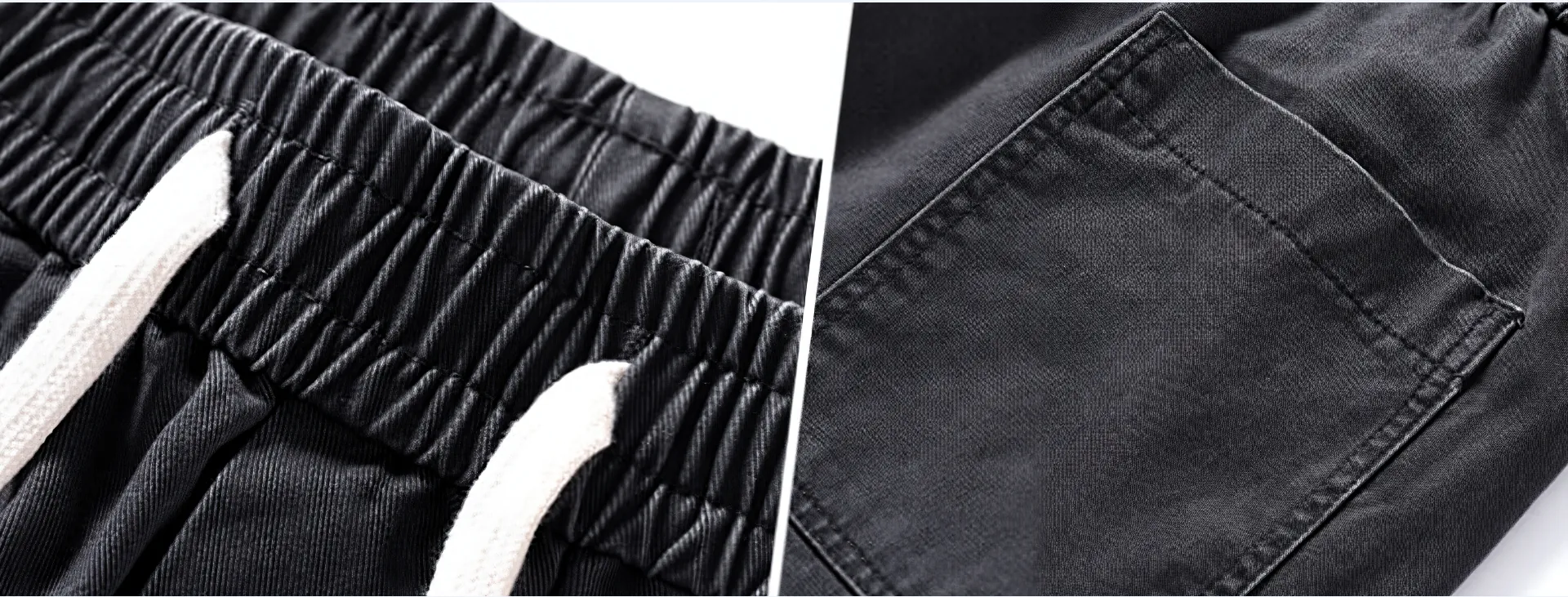 Detail view of gray drawstring cargo trousers (waist drawstring and fabric texture)