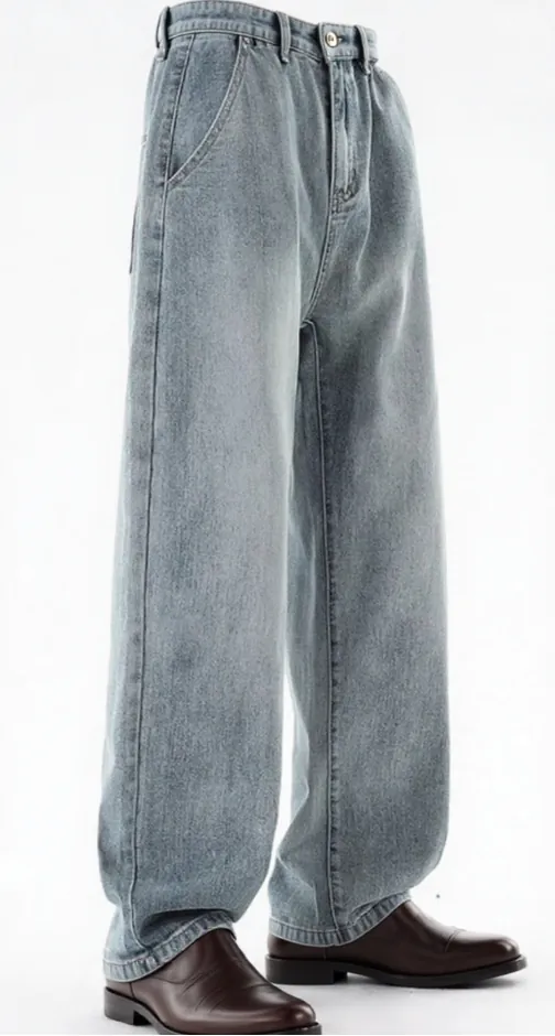 light-blue-wide-leg-jeans-model-side-with-shoes.jpg Model wearing light blue wide-leg jeans (side view, paired with brown shoes)