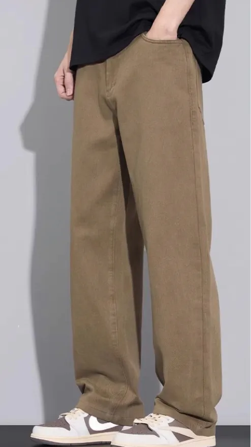 khaki-wide-leg-casual-trousers-model-front.jpg Model wearing khaki wide-leg casual trousers (front view)