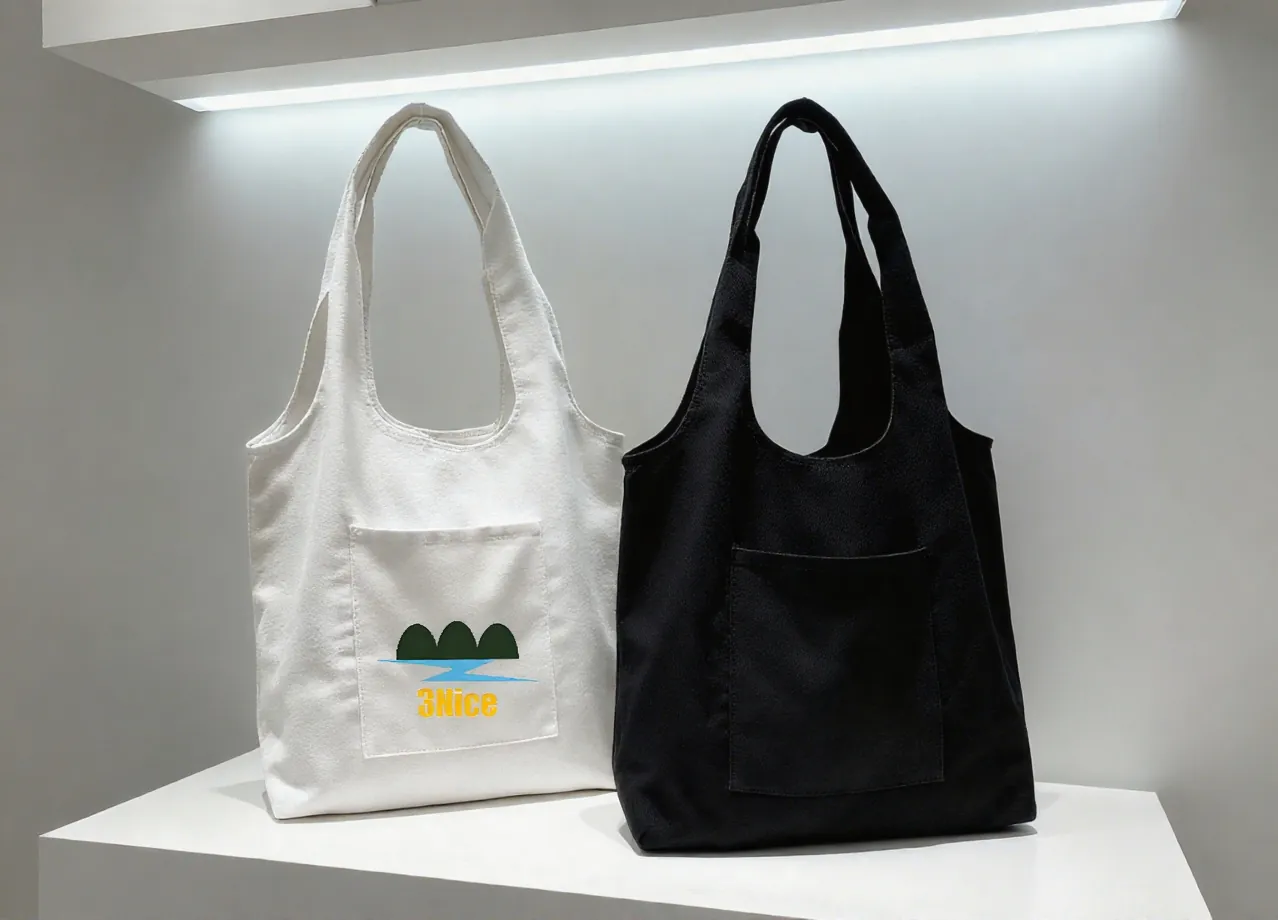 White canvas tote bag with "3Nice" text and landscape graphic, plus black canvas tote bag (still life)