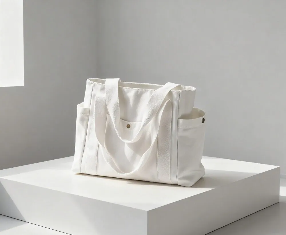 White canvas tote bag with multiple pockets (still life)