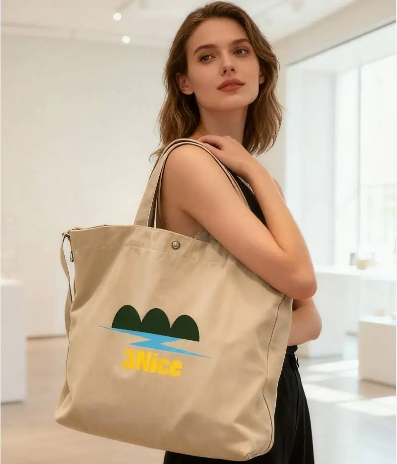 Model carrying customizable canvas tote bag with "3Nice" print and landscape graphic