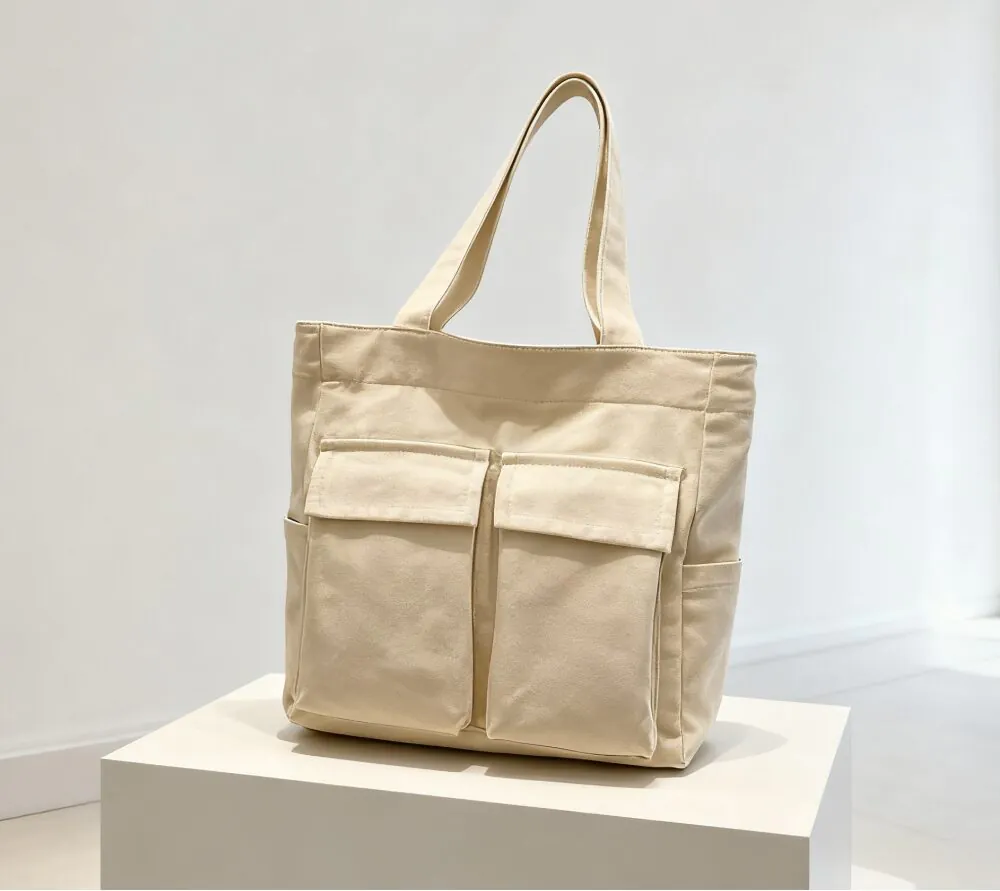 Beige canvas tote bag with multiple pockets (still life)