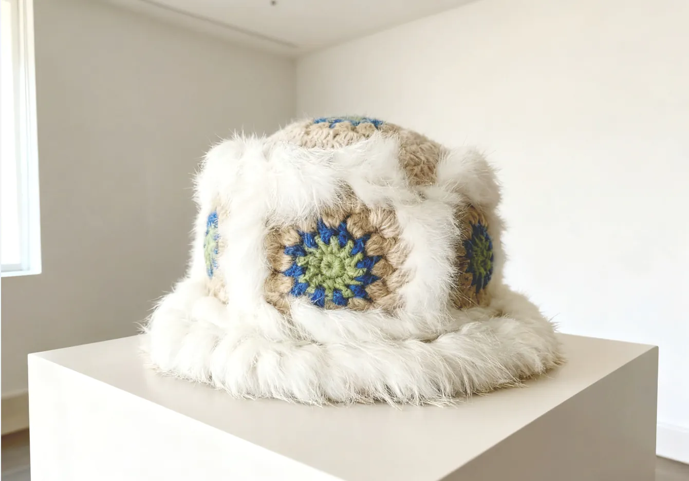 Rabbit fur trimmed crochet winter hat (still life)