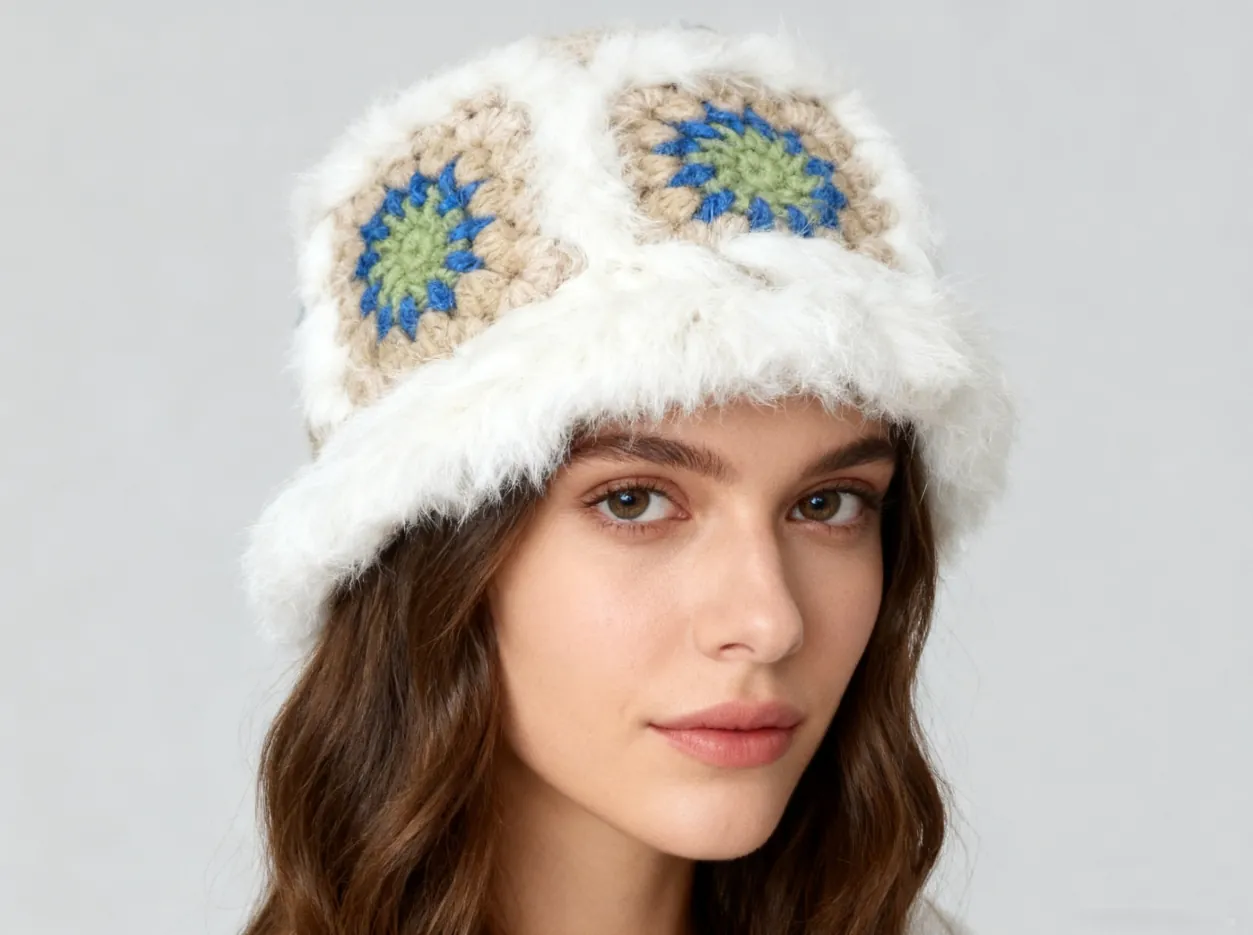 Model (Western) wearing rabbit fur trimmed crochet winter hat