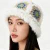 rabbit-fur-trimmed-crochet-winter-hat-model.jpg Model wearing rabbit fur trimmed crochet winter hat