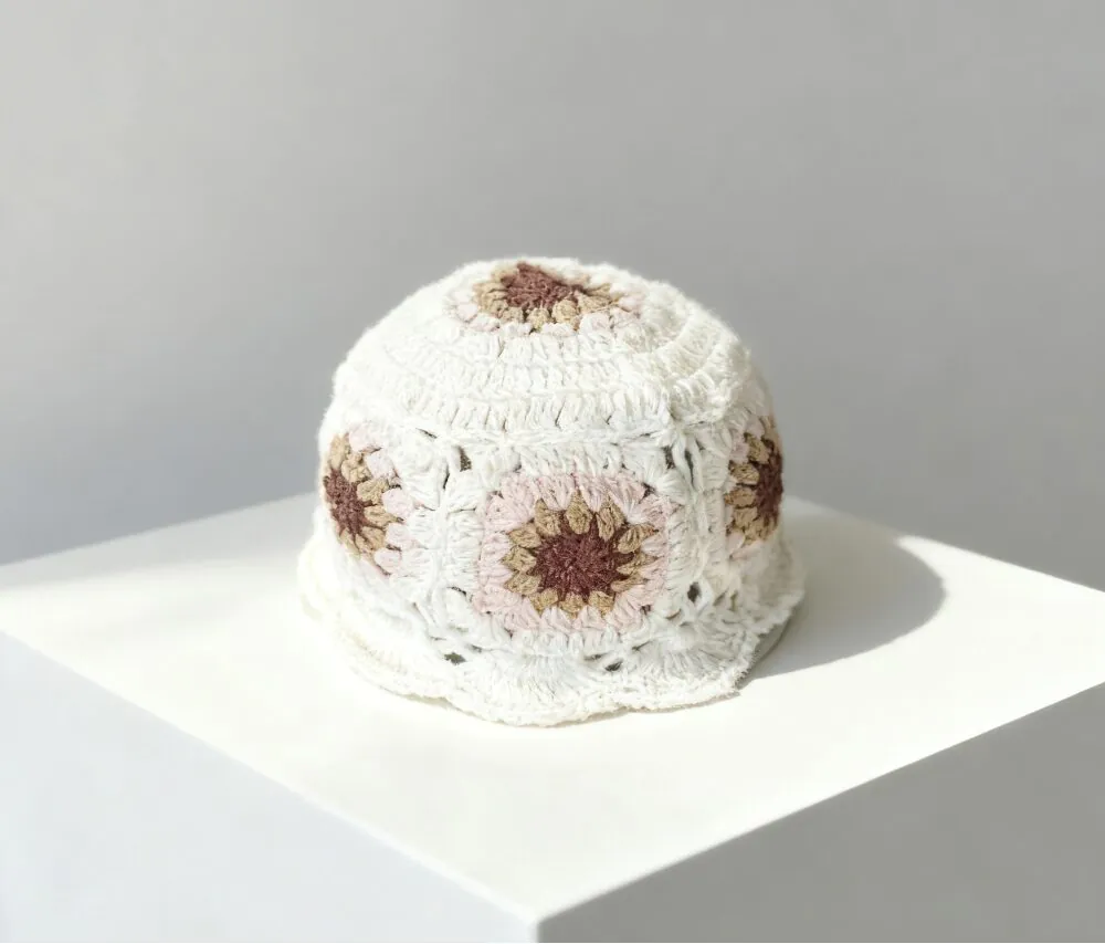Ivory brown pink floral crochet bucket hat