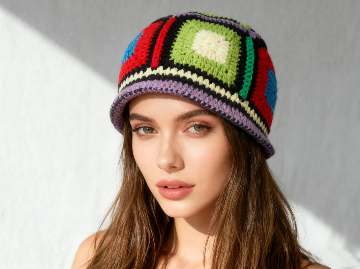 Model wearing multicolor granny square crochet bucket hat
