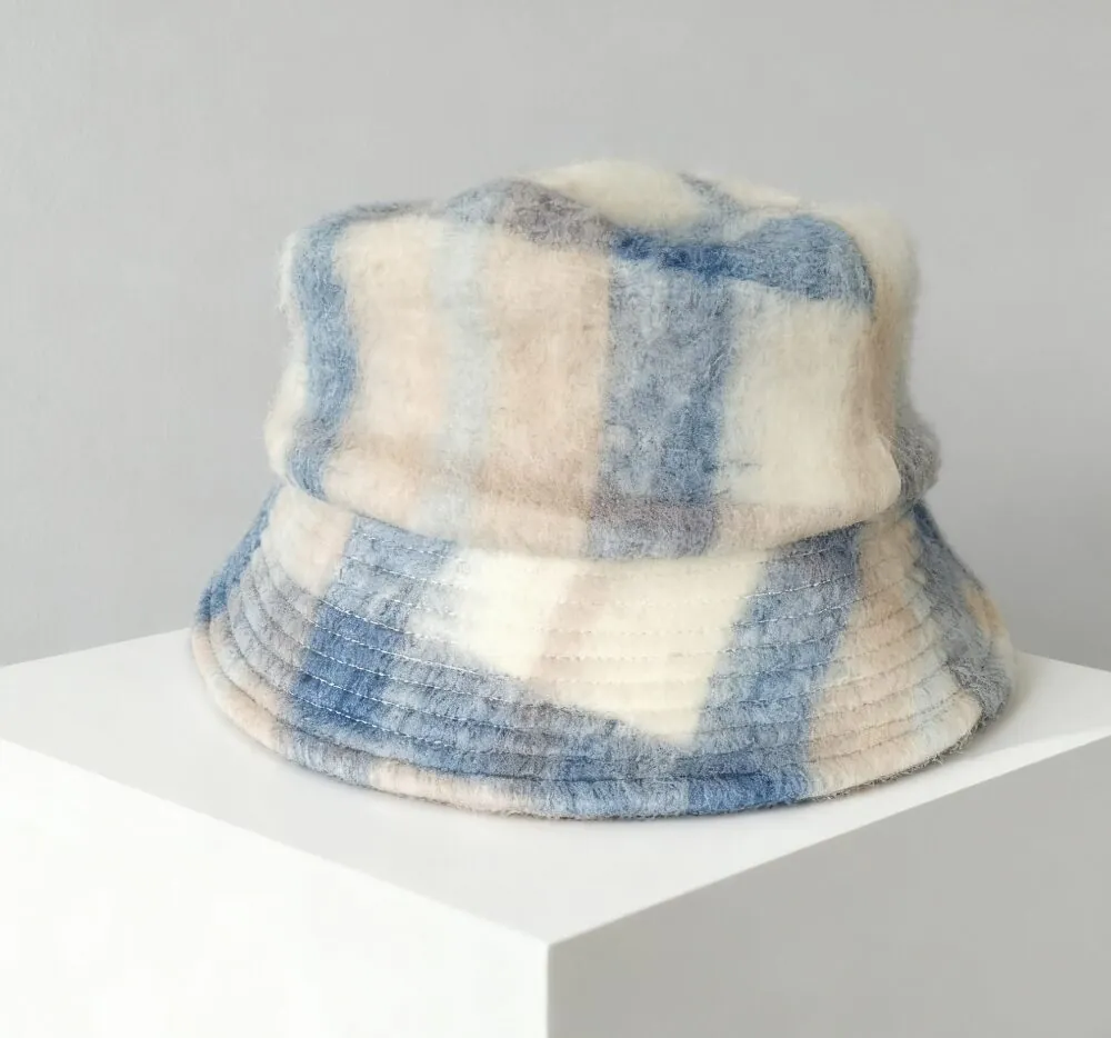 Blue and white plaid fuzzy bucket hat
