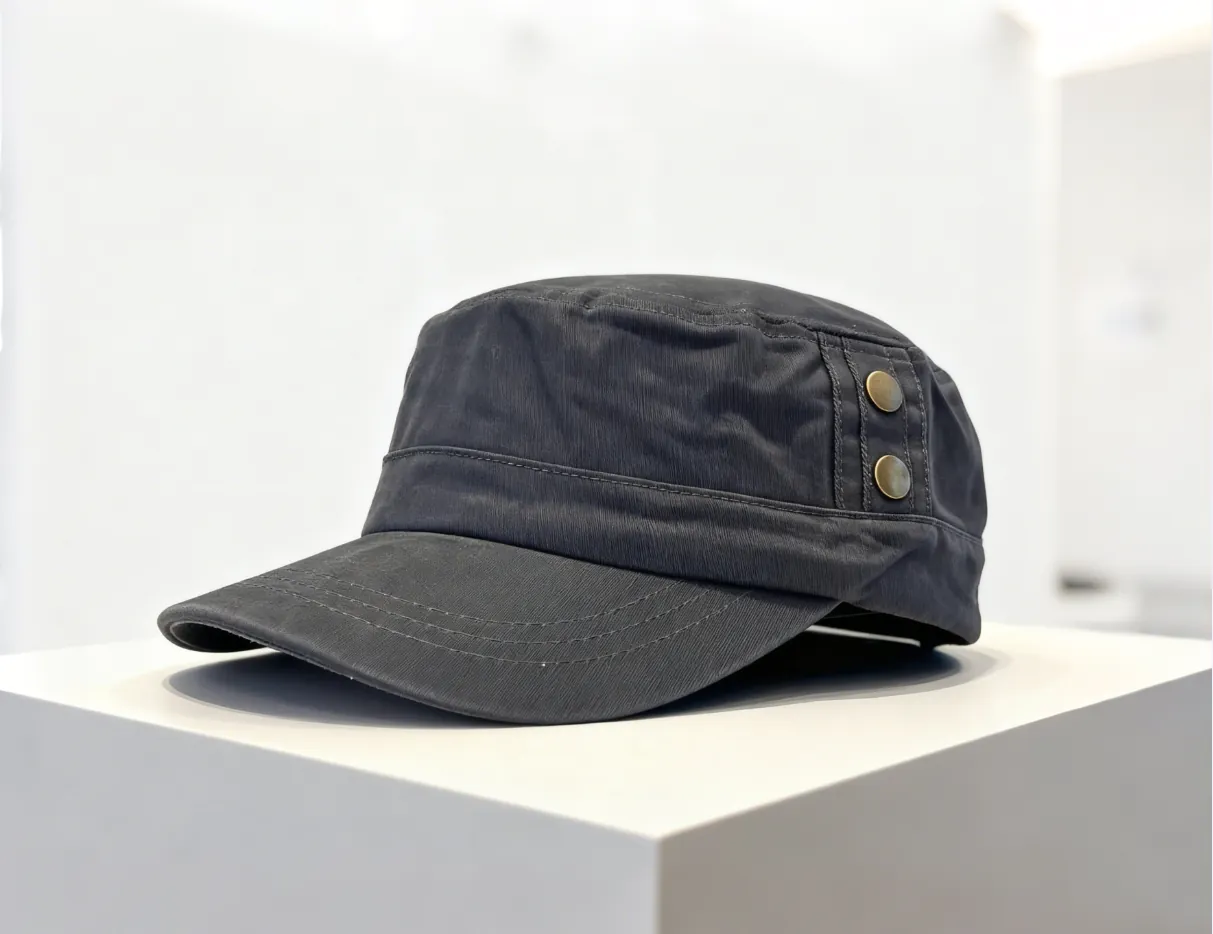 Dark gray military - style cap with brass buttons