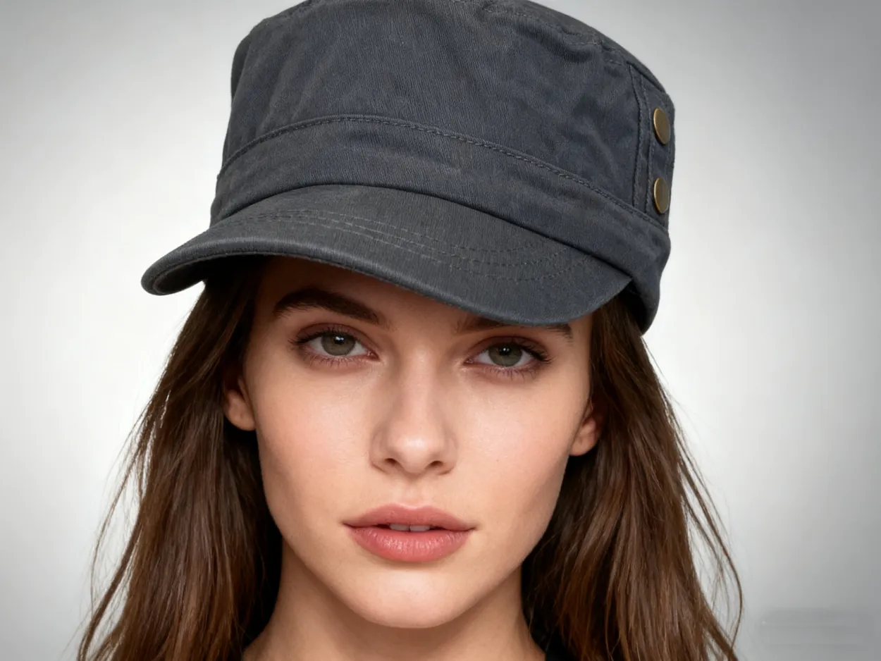 Model wearing dark gray newsboy cap