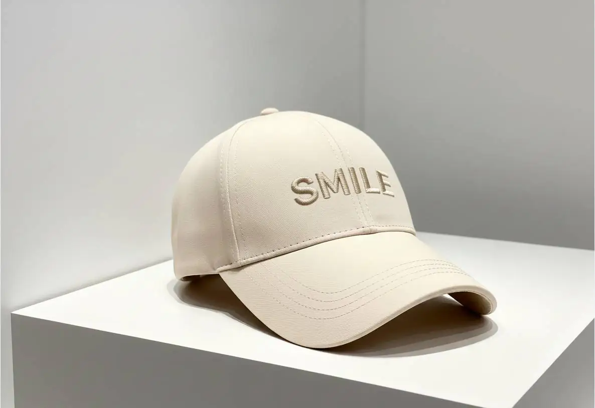 Beige baseball cap with "SMILE" embroidery