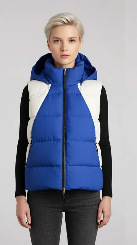 Outfit with blue - white colorblock hooded puffer vest, black innerwear, and dark jeans, featuring a casual, warm, and fashionable design suitable for autumn and winter.
