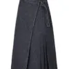 Dark gray asymmetric denim midi skirt with belt, featuring a minimalist yet designed look, suitable for daily or light - fashion wear.