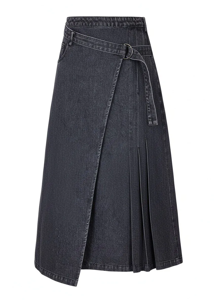 Dark gray asymmetric denim midi skirt with belt, featuring a minimalist yet designed look, suitable for daily or light - fashion wear.