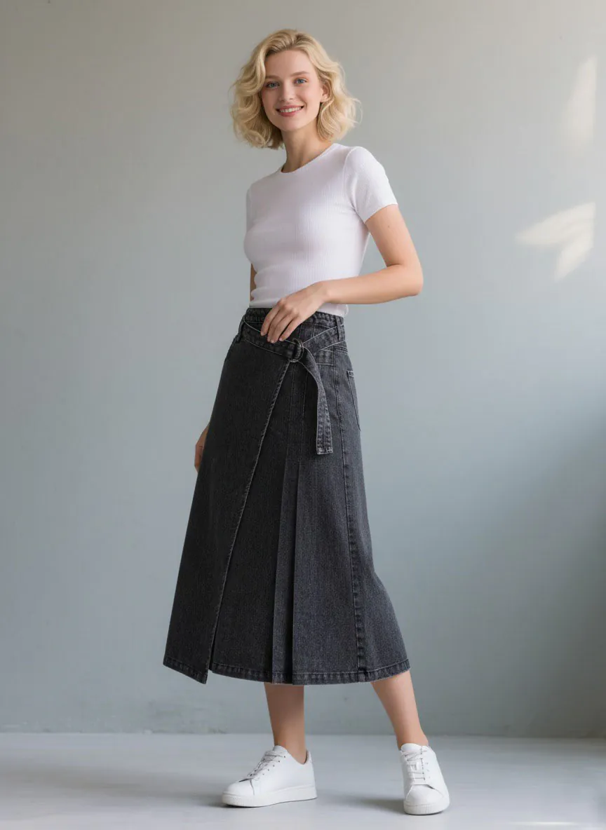 White short - sleeve fitted top paired with dark gray asymmetric denim midi skirt with belt, featuring a minimalist and stylish design, suitable for daily or light workplace wear.