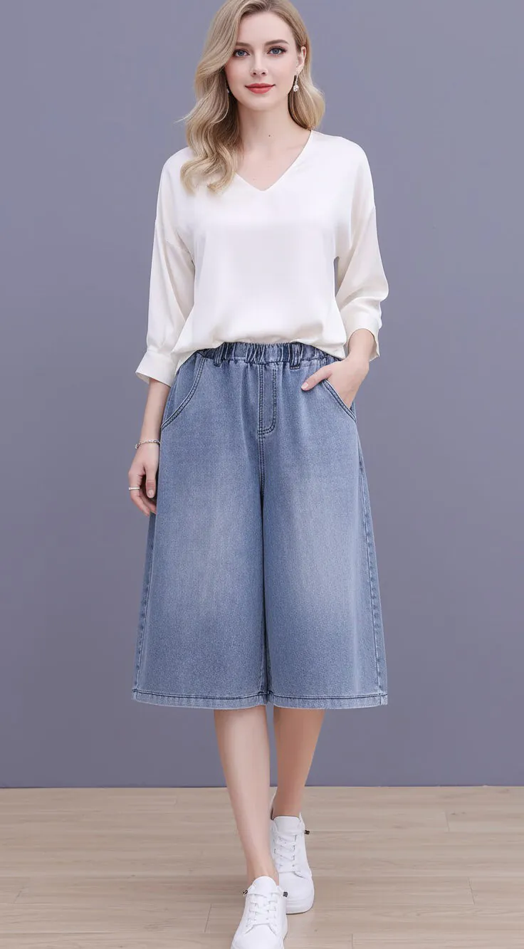 Outfit with light blue denim wide - leg culottes and white V - neck shirt, featuring a casual and fashionable design