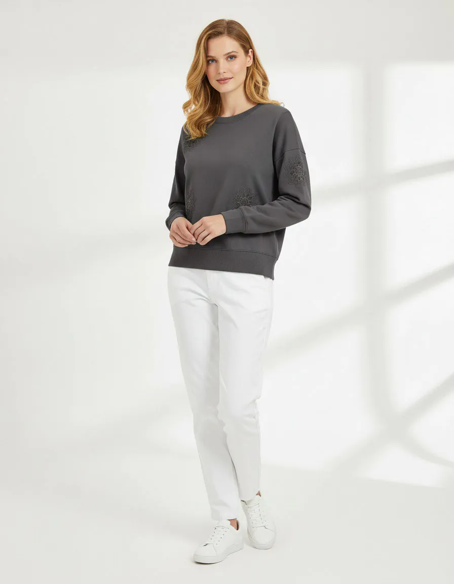 Dark gray long - sleeve T - shirt with hollow embroidery (front view)