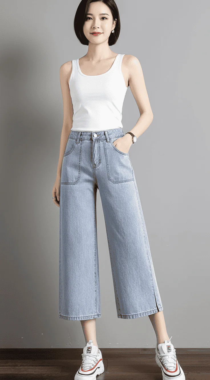 Outfit with light blue wide - leg cropped jeans and white tank top, featuring a casual and fashionable design