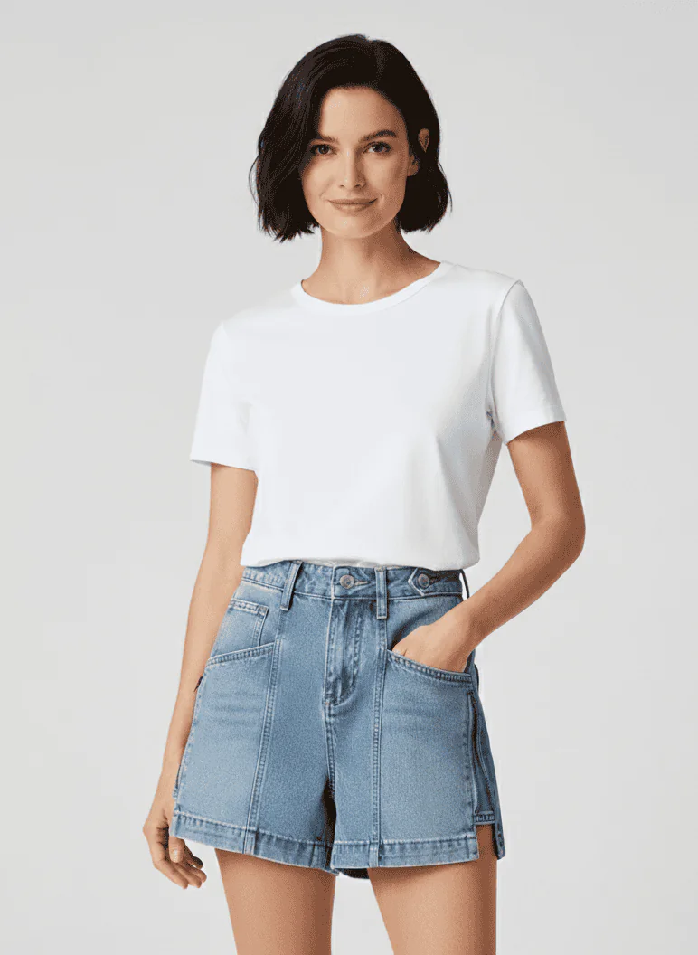 Outfit with zip - detailed light blue denim shorts and white short - sleeve T - shirt, featuring a casual and fashionable daily design.