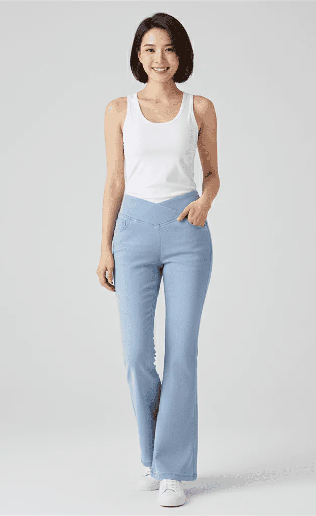 Outfit with light blue crossover waist flared jeans and white tank top, featuring a casual, fashionable, and retro - styled design.