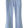 Light blue crossover waist flared jeans with casual and retro - styled design.