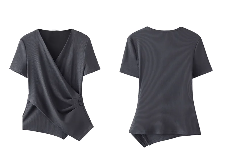 Dark gray wrap V - neck short - sleeve top with side buttons, featuring a minimalist and elegant design, suitable for daily or light business wear.