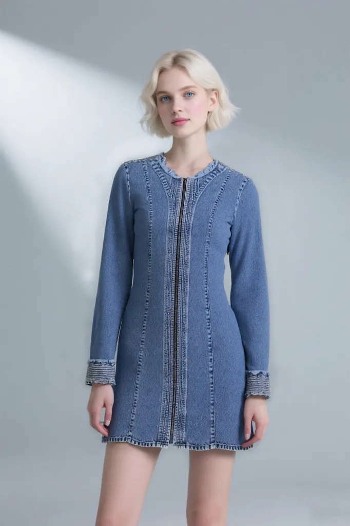 Denim dress with frayed details (front view)