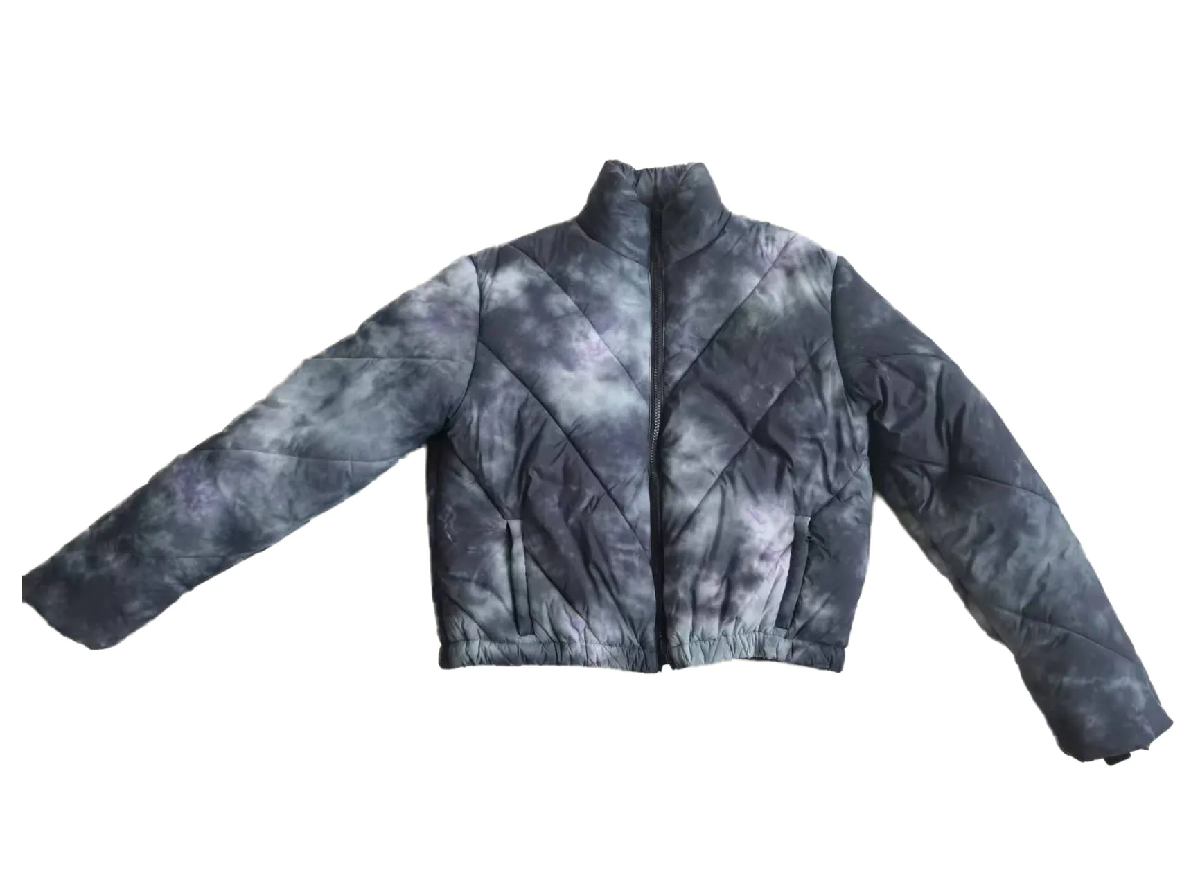 Printed faux tie - dye quilted puffer jacket with tiedye-style patterns