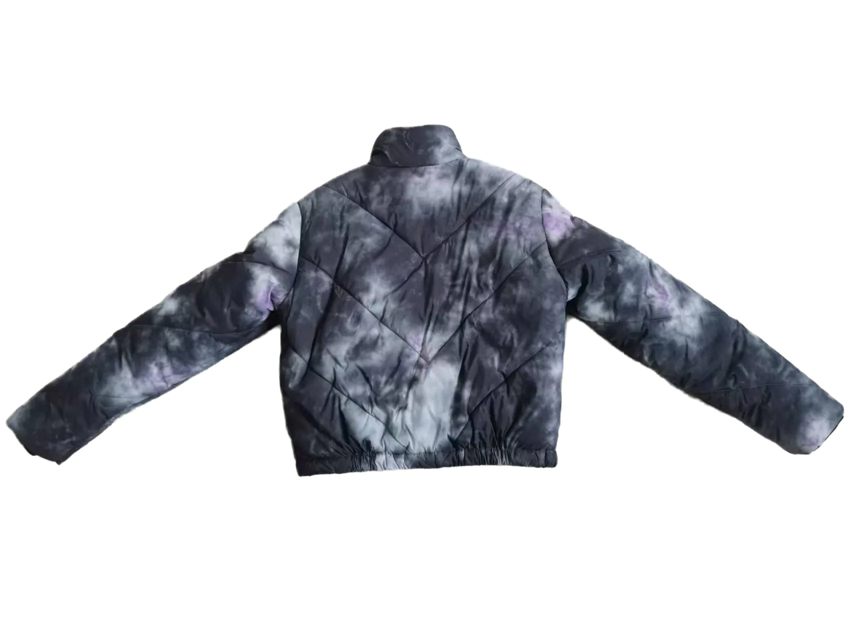 Printed faux tie - dye quilted puffer jacket (back view)