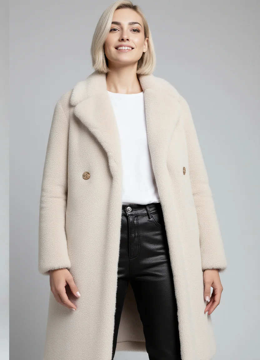 Woman wearing a light beige faux fur long coat, white top, and black leather pants against a light gray background.
