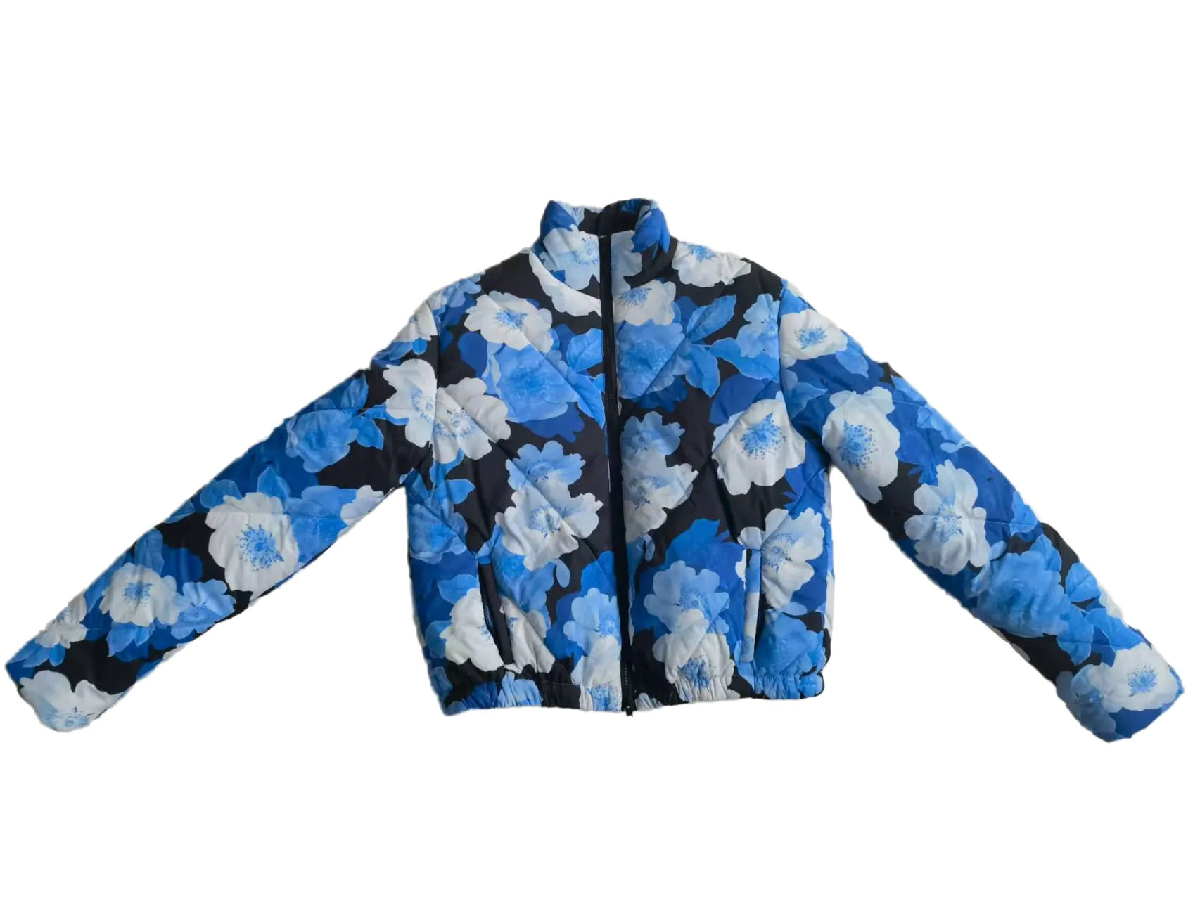 Quilted floral printed jacket with blue and white patterns