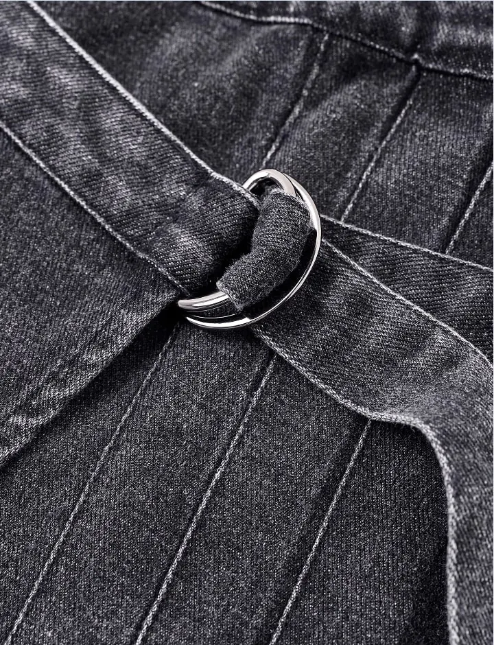 Dark gray denim midi skirt with back waist details and pockets, featuring a casual and versatile design, suitable for daily wear.